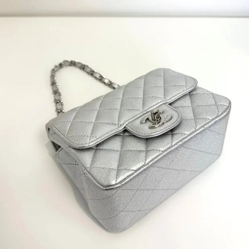 CHANEL Metallic Silver CC Logo Lambskin Quilted Mini Classic Flap Shoulder Bag